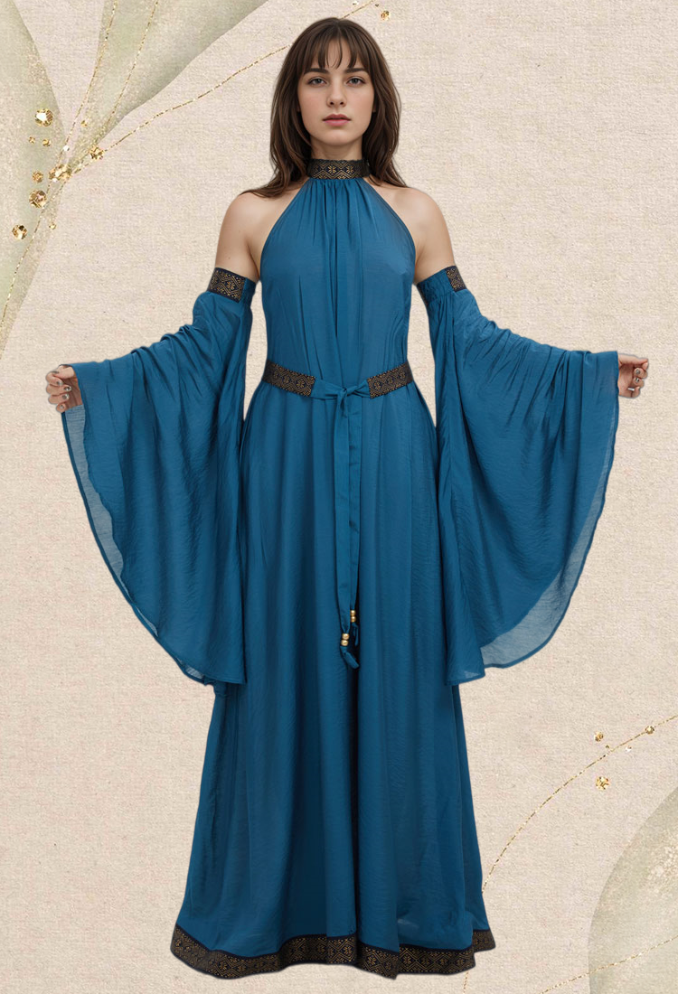 Medieval Renaissance Dress Costume Viking Elf Off Shoulder Dress with Belt and Sleeves Cosplay Costume
