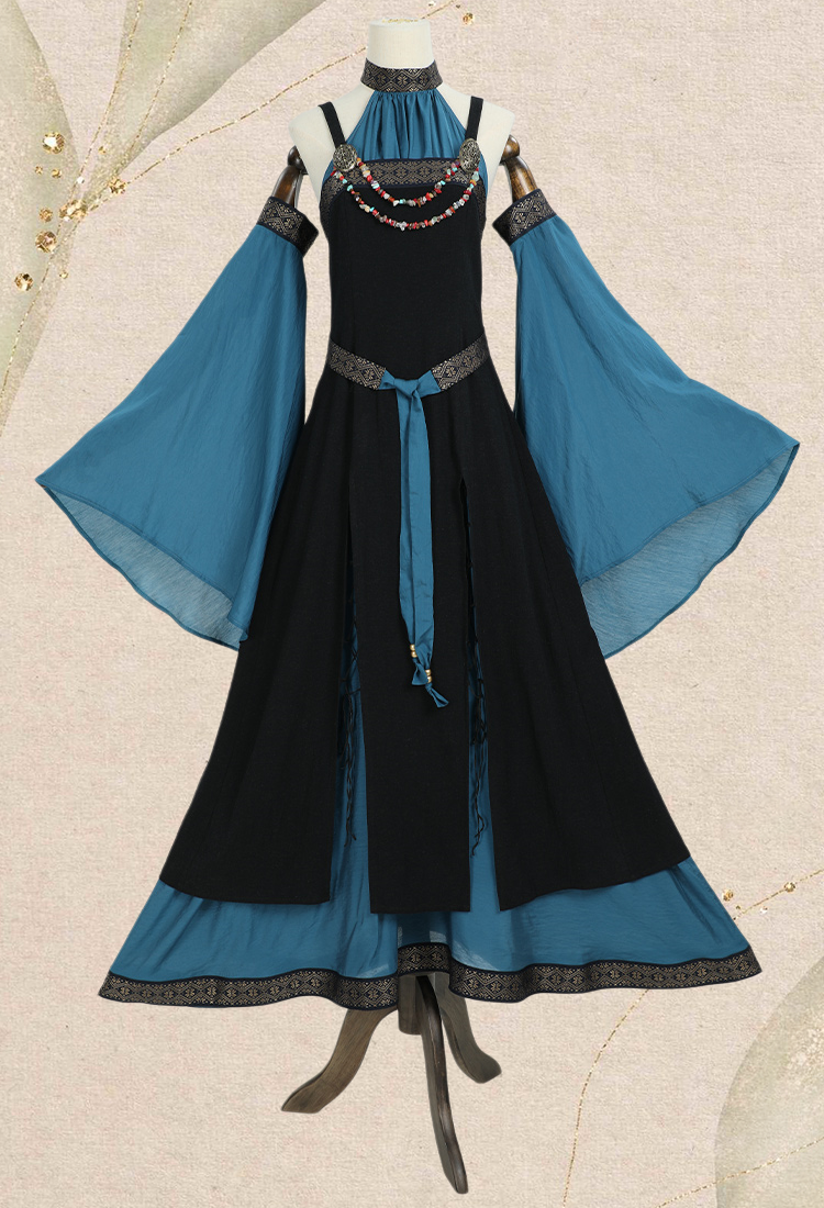 Medieval Renaissance Dress Costume Viking Elf Off Shoulder Dress with Belt and Sleeves Cosplay Costume