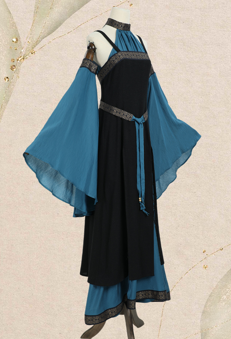 Medieval Renaissance Dress Costume Viking Elf Off Shoulder Dress with Belt and Sleeves Cosplay Costume