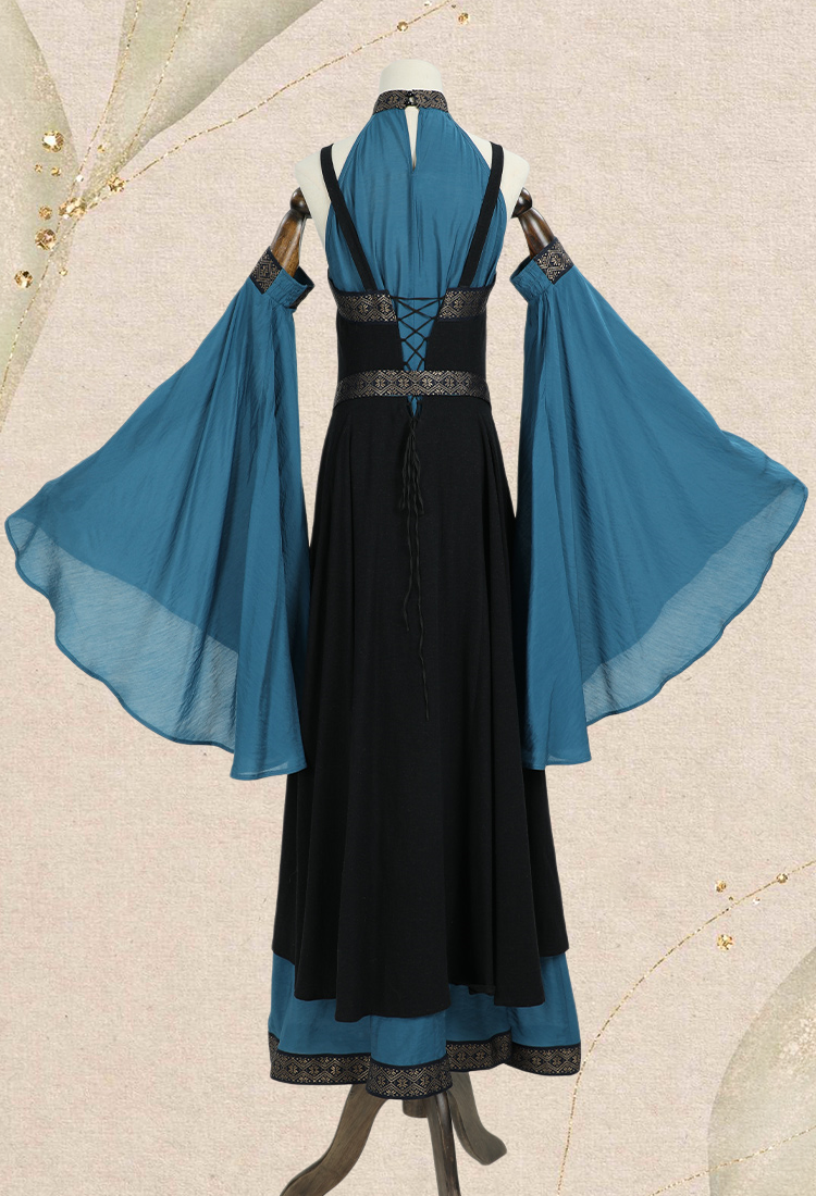 Medieval Renaissance Dress Costume Viking Elf Off Shoulder Dress with Belt and Sleeves Cosplay Costume