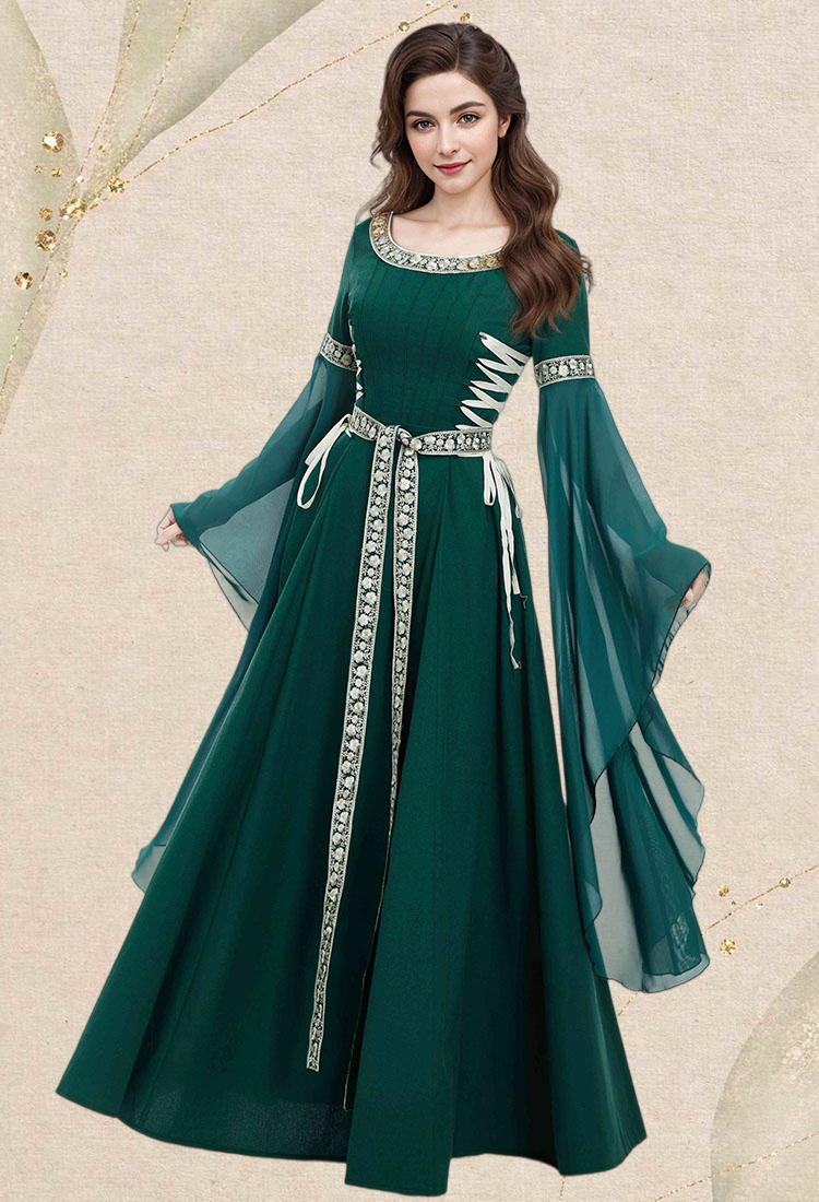 Medieval Renaissance Costume Outfit Vintage Dark Green Dress with Braided Belt
