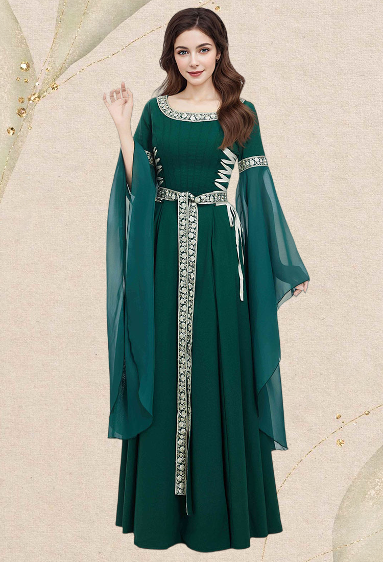 Medieval Renaissance Costume Outfit Vintage Dark Green Dress with Braided Belt