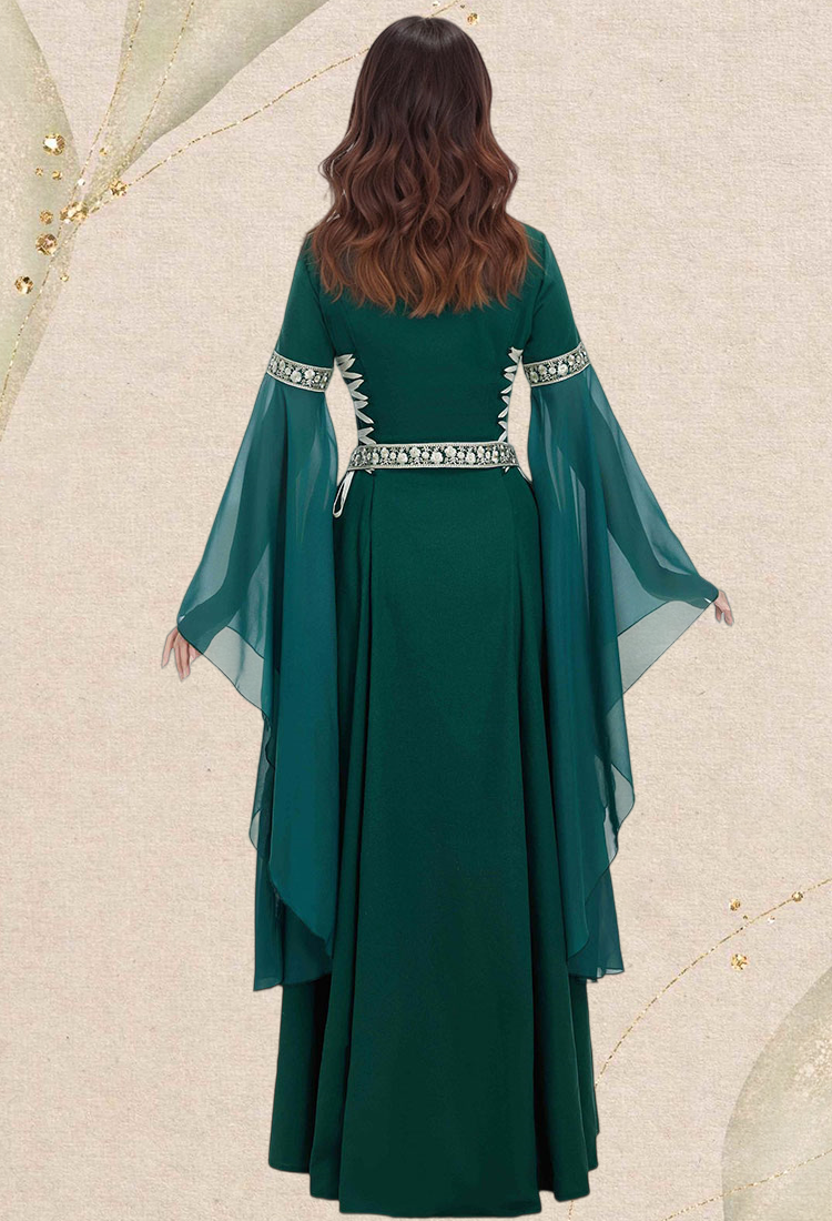 Medieval Renaissance Costume Outfit Vintage Dark Green Dress with Braided Belt