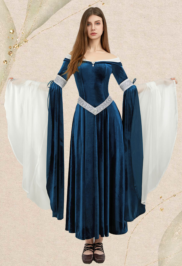 Medieval Renaissance Costume Elf Style Off Shoulder Blue Velvet Long Slim Dress
