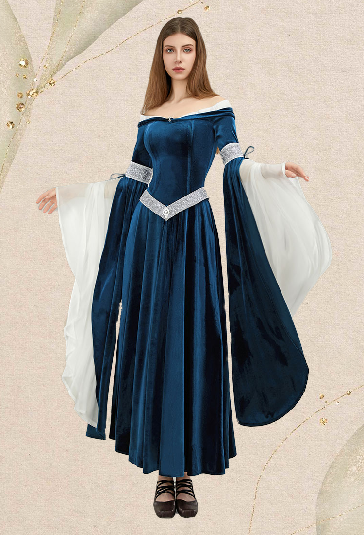 Medieval Renaissance Costume Elf Style Off Shoulder Blue Velvet Long Slim Dress