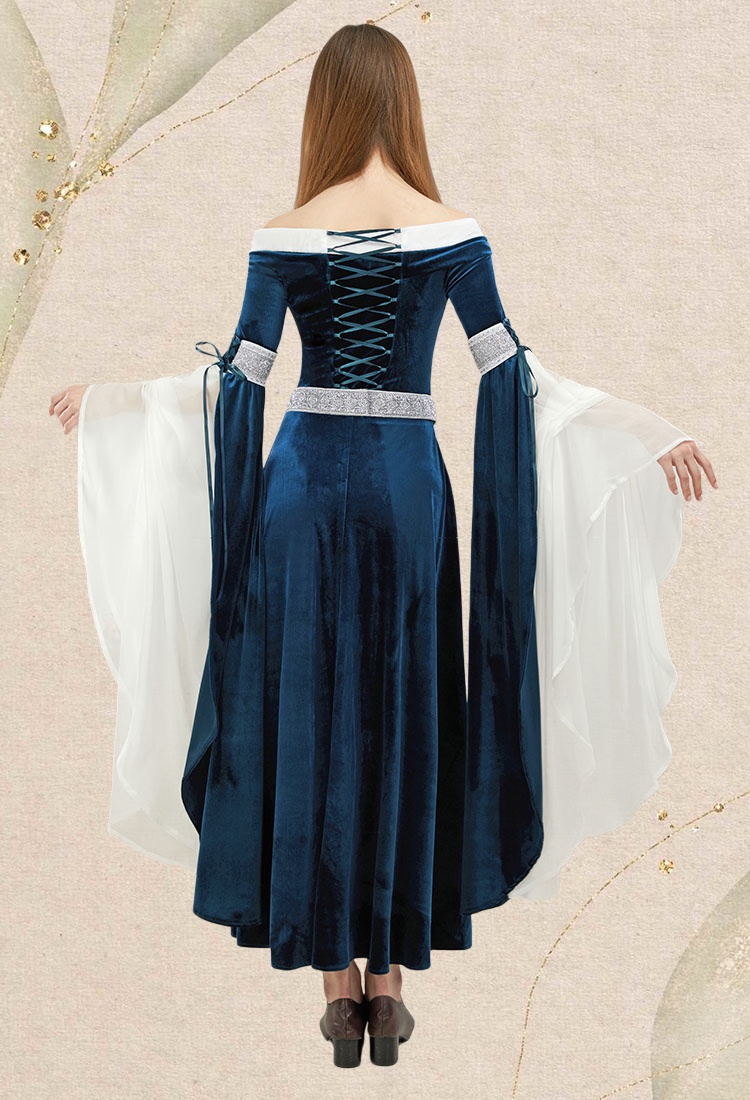 Medieval Renaissance Costume Elf Style Off Shoulder Blue Velvet Long Slim Dress