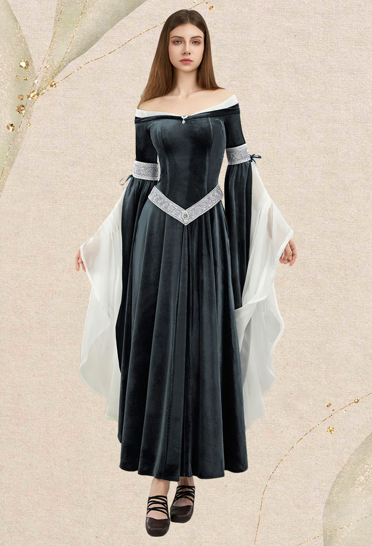 Medieval Dress Renaissance Fairy Elf Style Off Shoulder Grey Velvet Long Slim Fit Dress
