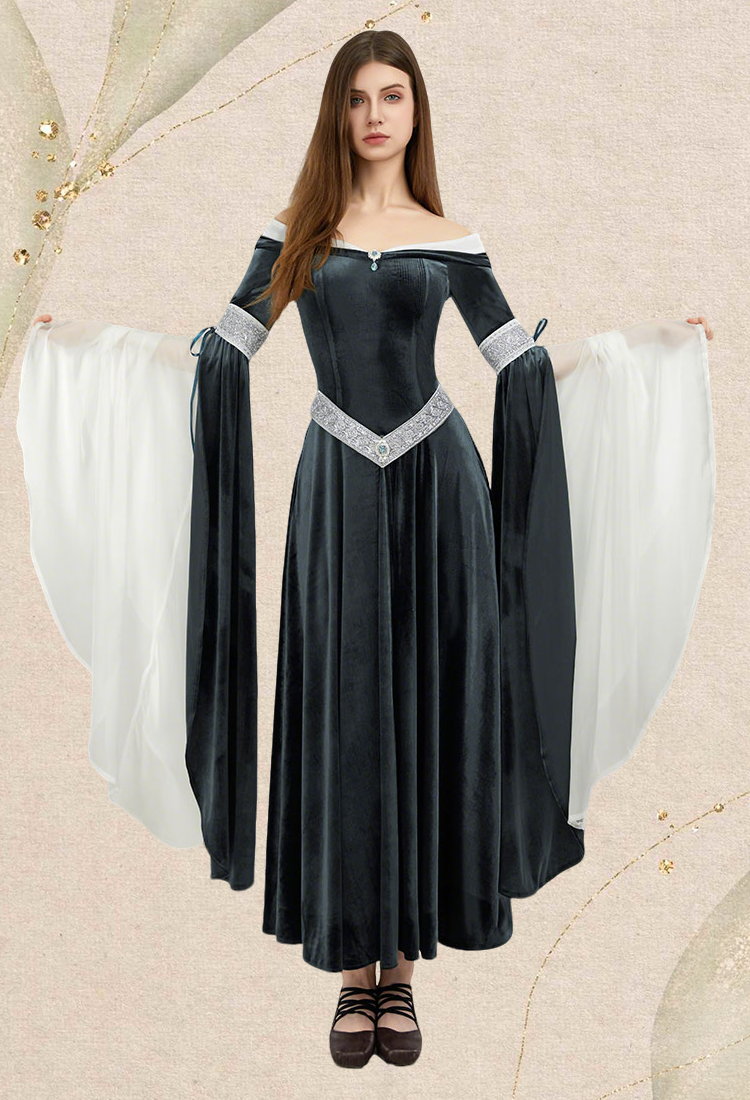 Medieval Dress Renaissance Fairy Elf Style Off Shoulder Grey Velvet Long Slim Fit Dress