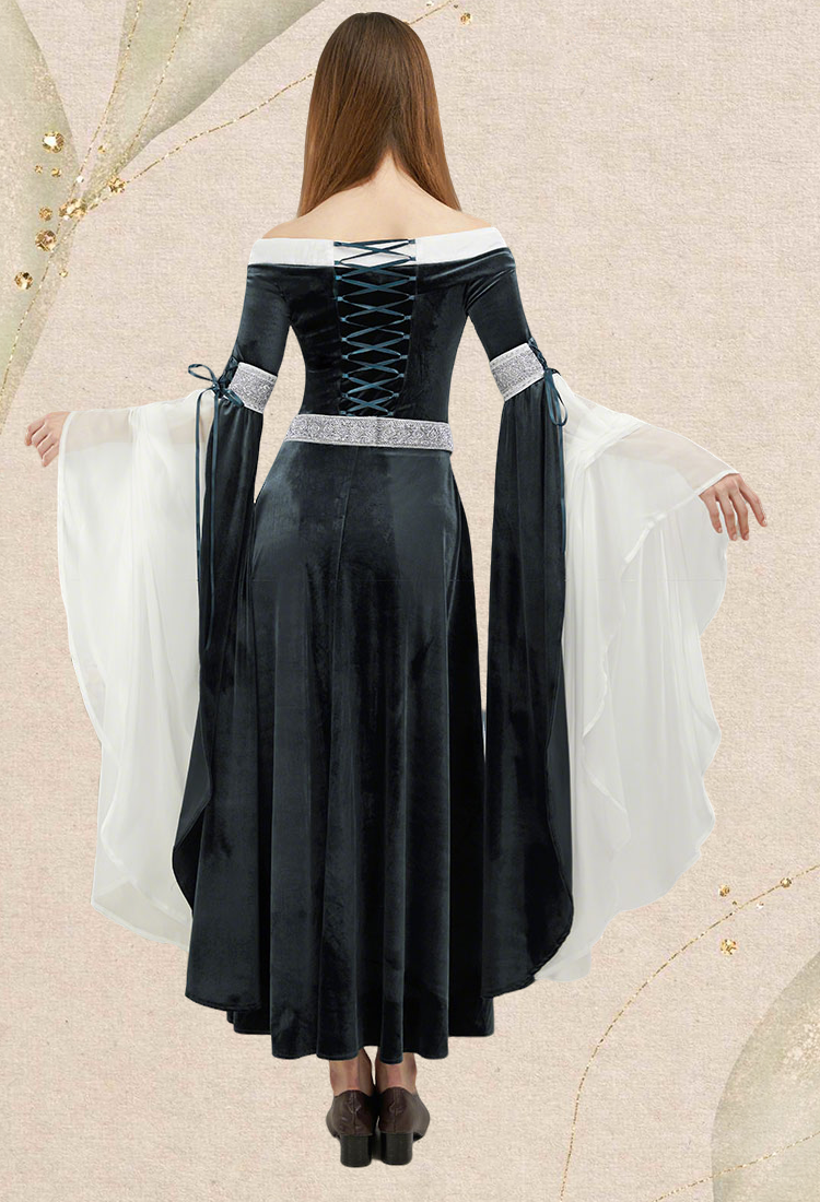 Medieval Dress Renaissance Fairy Elf Style Off Shoulder Grey Velvet Long Slim Fit Dress