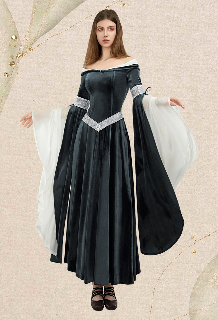 Medieval Dress Renaissance Fairy Elf Style Off Shoulder Grey Velvet Long Slim Fit Dress