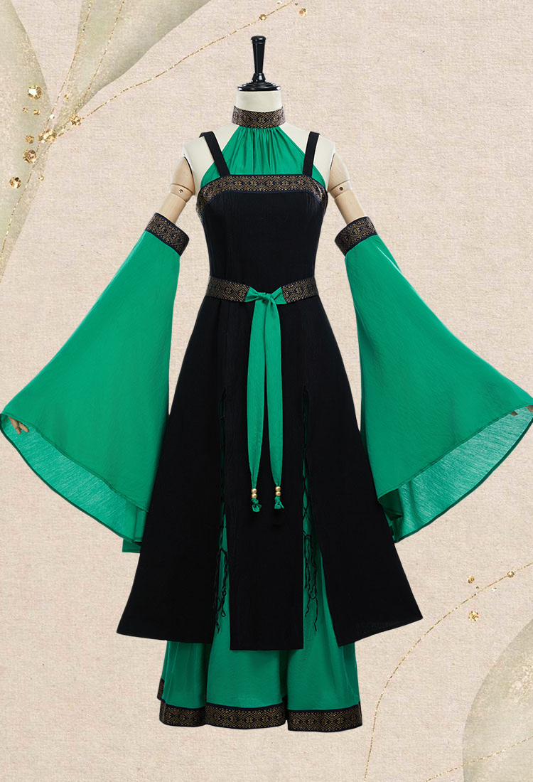 Medieval Renaissance Costume Viking Elf Style Black and Green Off-Shoulder Dress with Belt and Sleeves