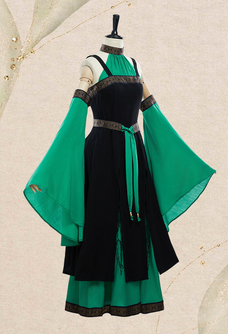 Medieval Renaissance Costume Viking Elf Style Black and Green Off-Shoulder Dress with Belt and Sleeves