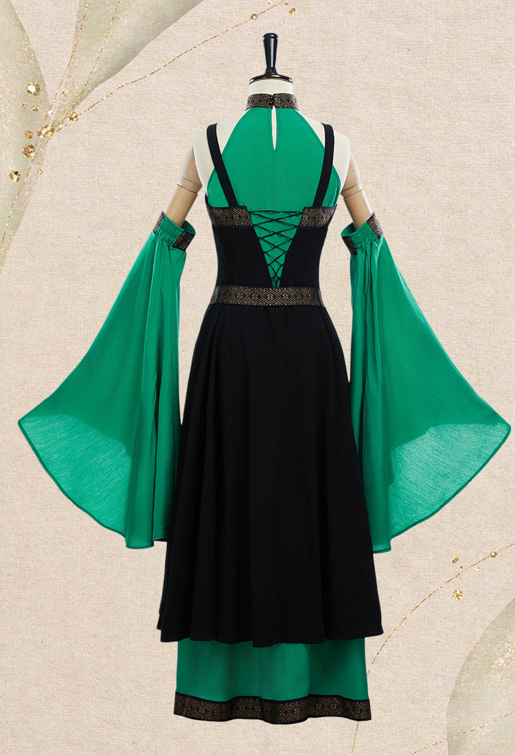 Medieval Renaissance Costume Viking Elf Style Black and Green Off-Shoulder Dress with Belt and Sleeves