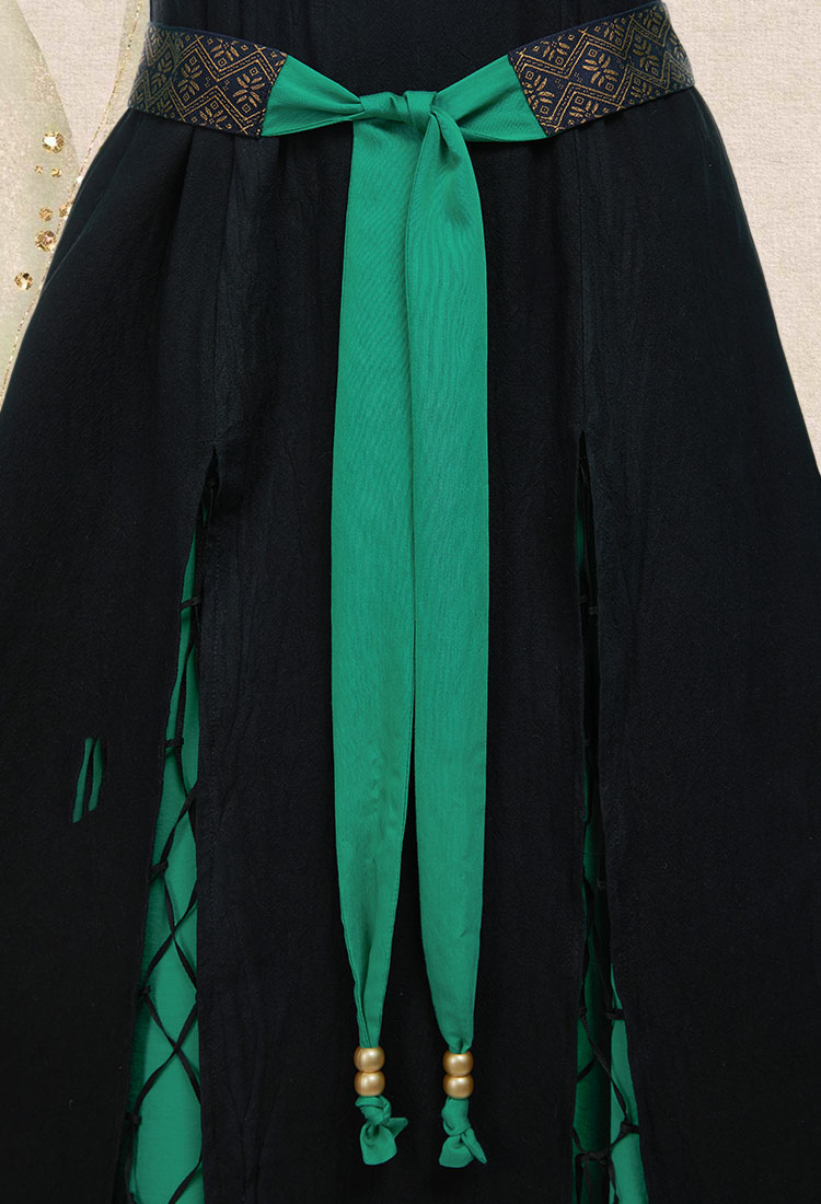 Medieval Renaissance Costume Viking Elf Style Black and Green Off-Shoulder Dress with Belt and Sleeves