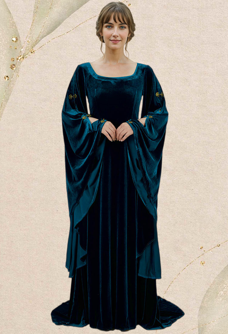 Medieval Renaissance Historical Blue Celtic Fairy Velvet Square Neck Wide Sleeve Long Gown