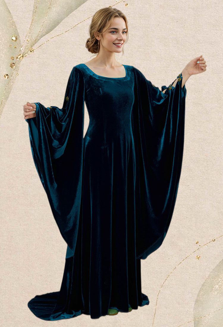 Medieval Renaissance Historical Blue Celtic Fairy Velvet Square Neck Wide Sleeve Long Gown