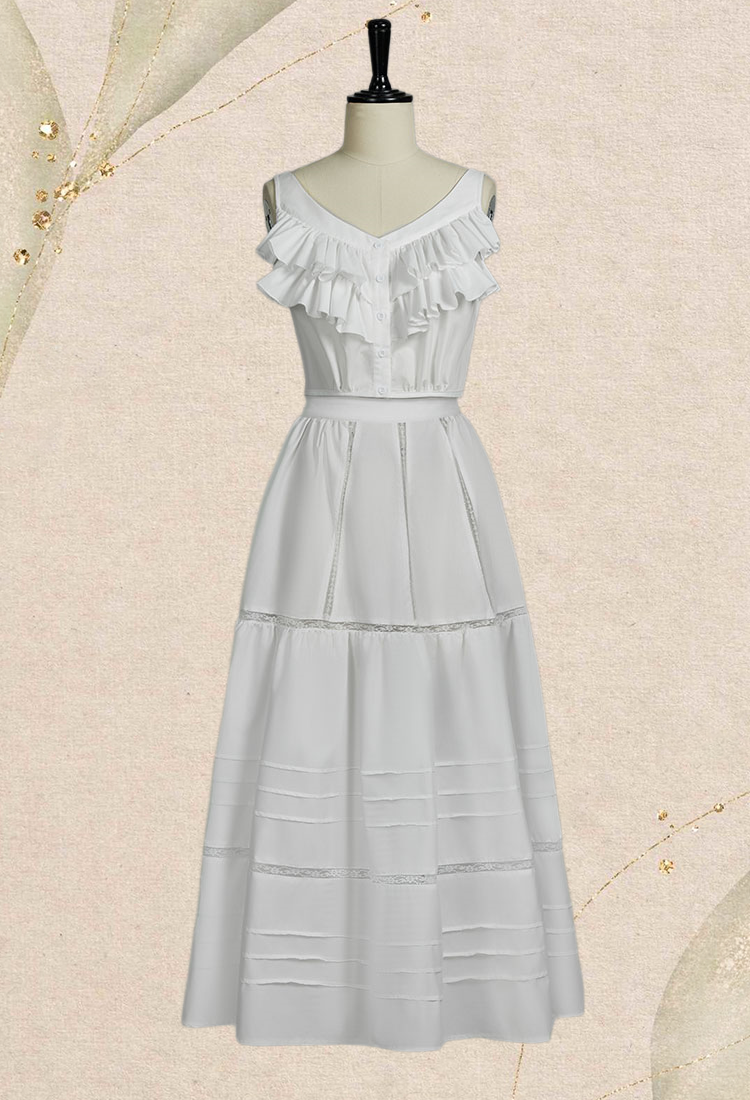 Medieval Renaissance Vintage Style Edwardian White Dress Set Gothic Sleeveless Lining Long Sleeve Top and Skirt