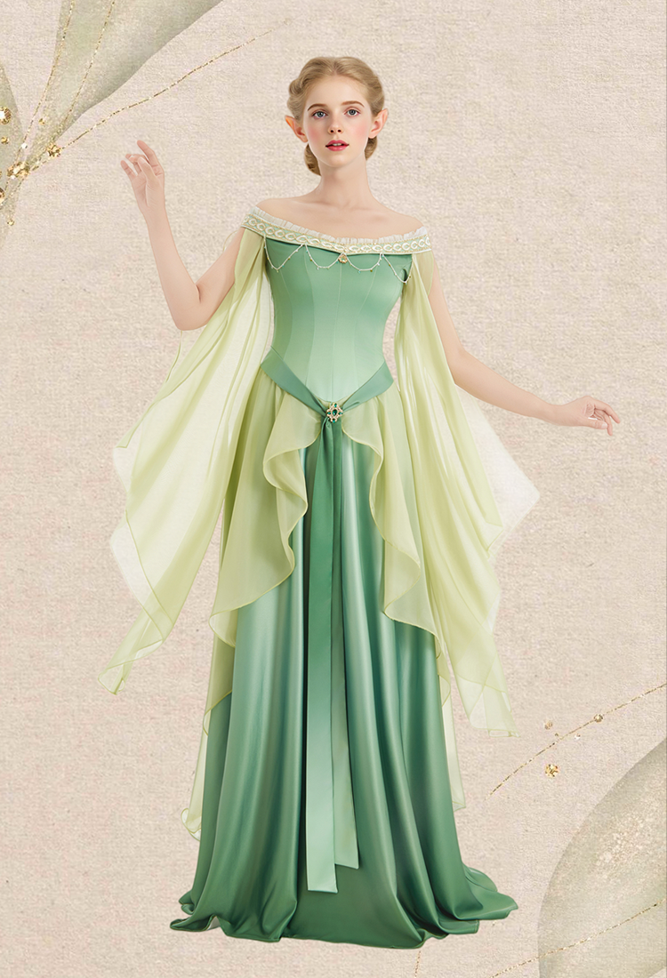 Medieval Dreamy Yellow Green Gradient Elf Dress Elegant Strapless Dress with Belt