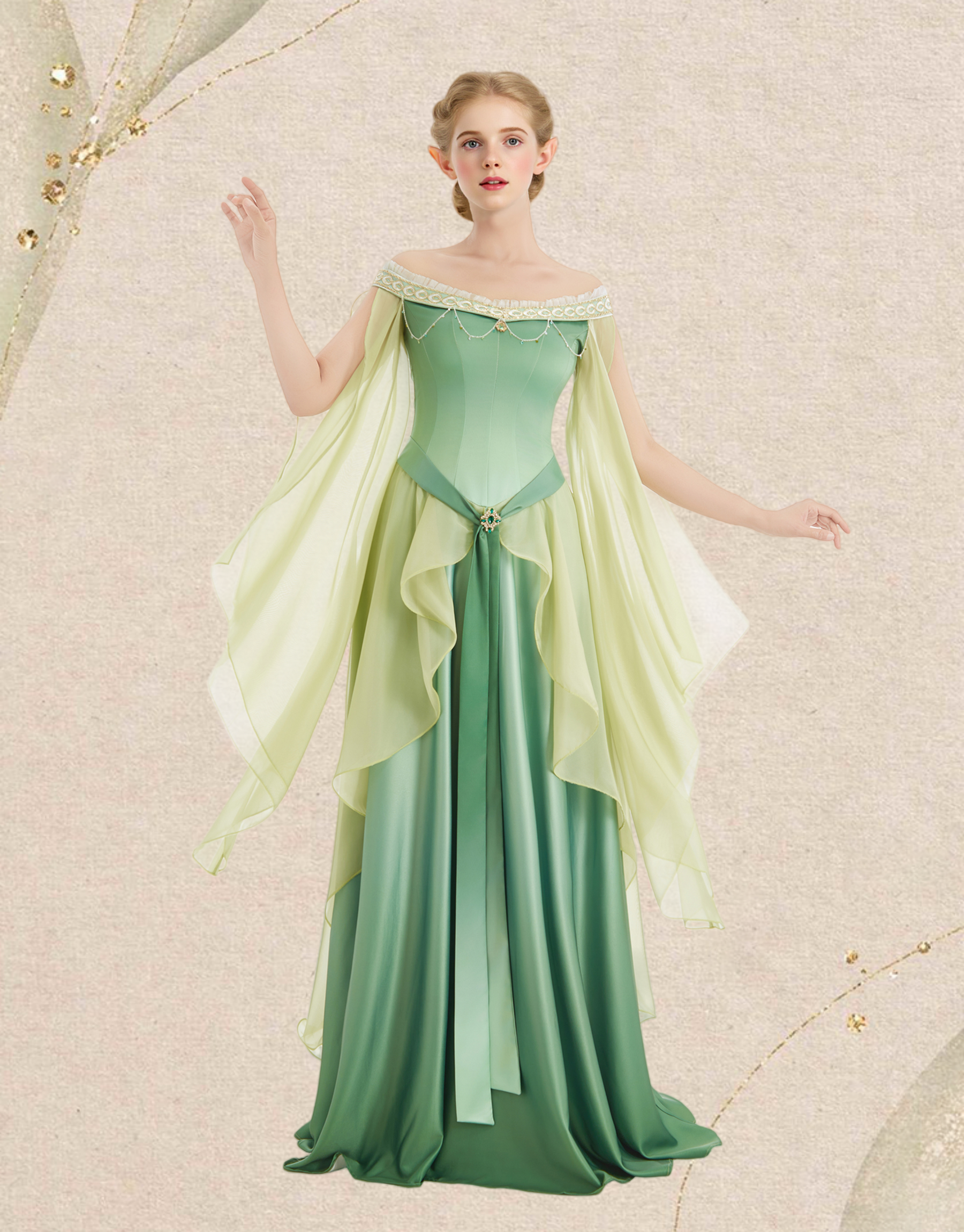 Medieval Dreamy Yellow Green Gradient Elf Dress Elegant Strapless Dress with Belt