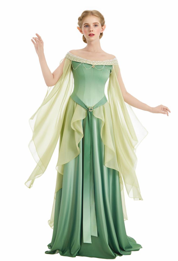Medieval Dreamy Yellow Green Gradient Elf Dress Elegant Strapless Dress with Belt