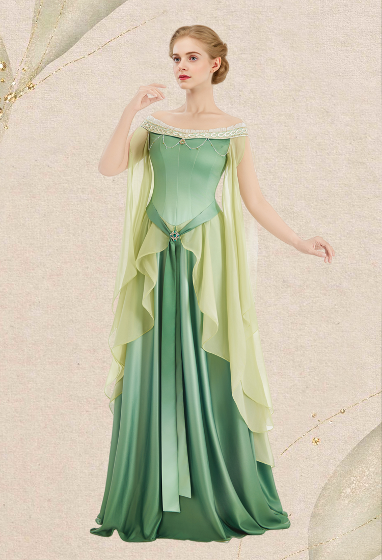 Medieval Dreamy Yellow Green Gradient Elf Dress Elegant Strapless Dress with Belt