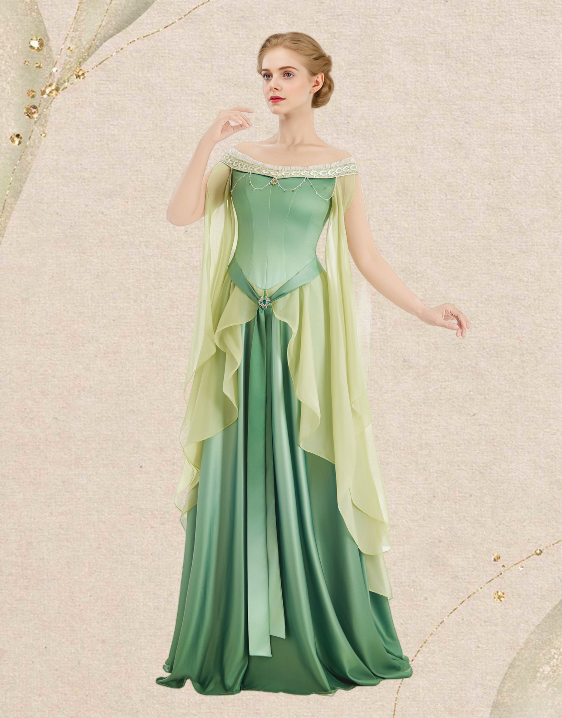 Medieval Dreamy Yellow Green Gradient Elf Dress Elegant Strapless Dress with Belt