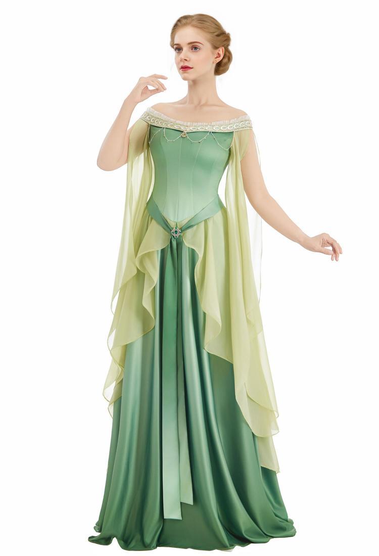 Medieval Dreamy Yellow Green Gradient Elf Dress Elegant Strapless Dress with Belt