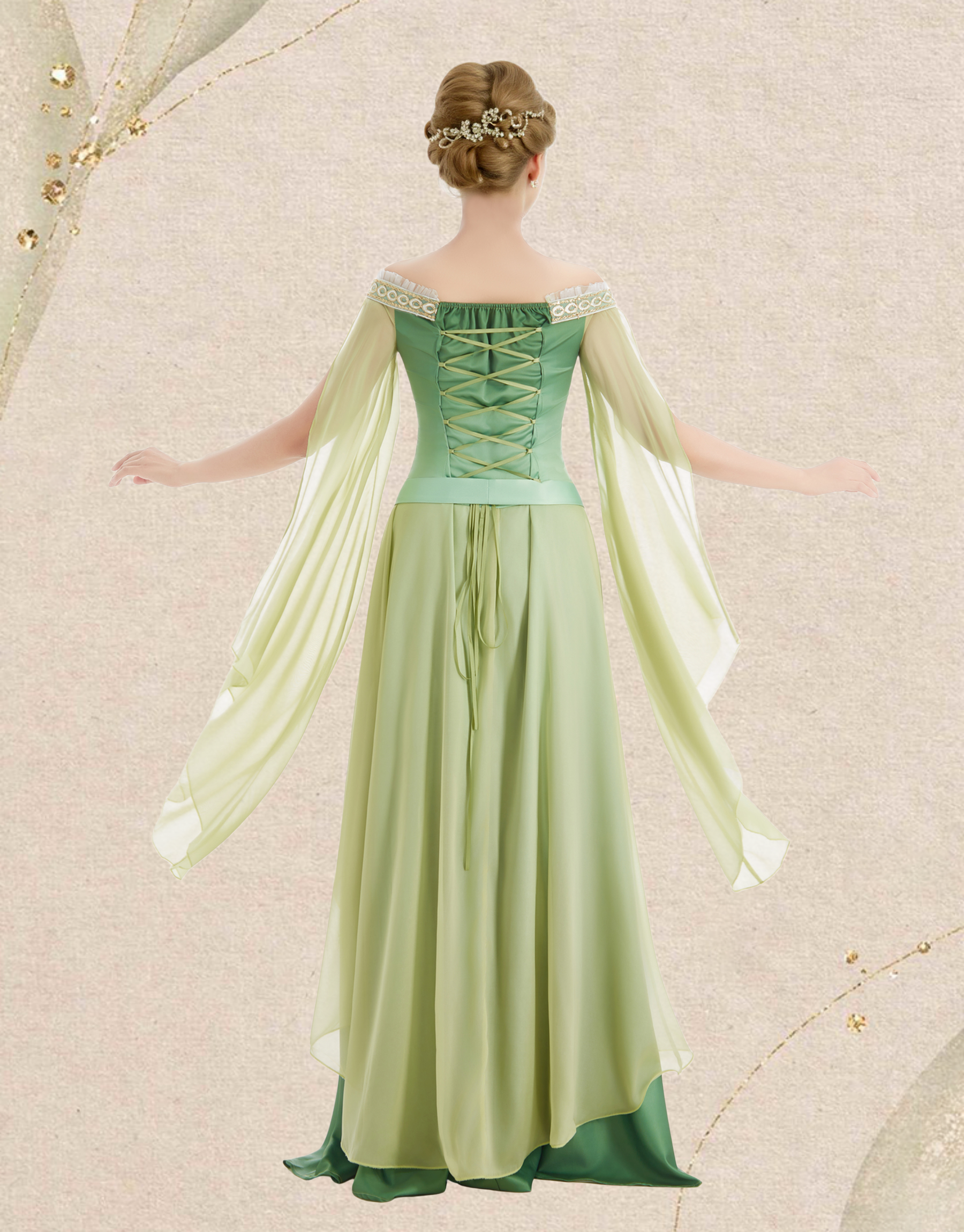 Medieval Dreamy Yellow Green Gradient Elf Dress Elegant Strapless Dress with Belt
