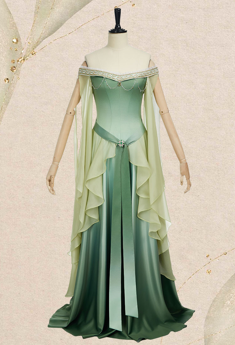 Medieval Dreamy Yellow Green Gradient Elf Dress Elegant Strapless Dress with Belt