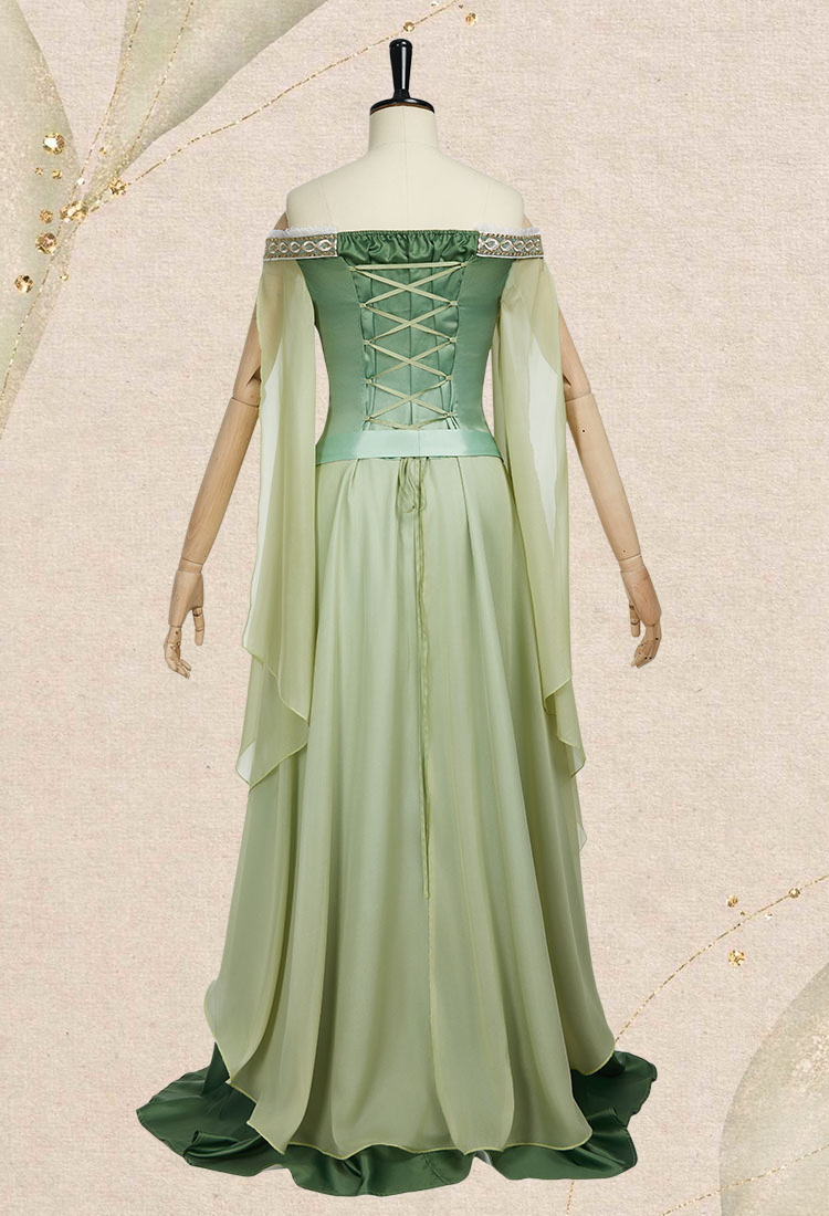 Medieval Dreamy Yellow Green Gradient Elf Dress Elegant Strapless Dress with Belt