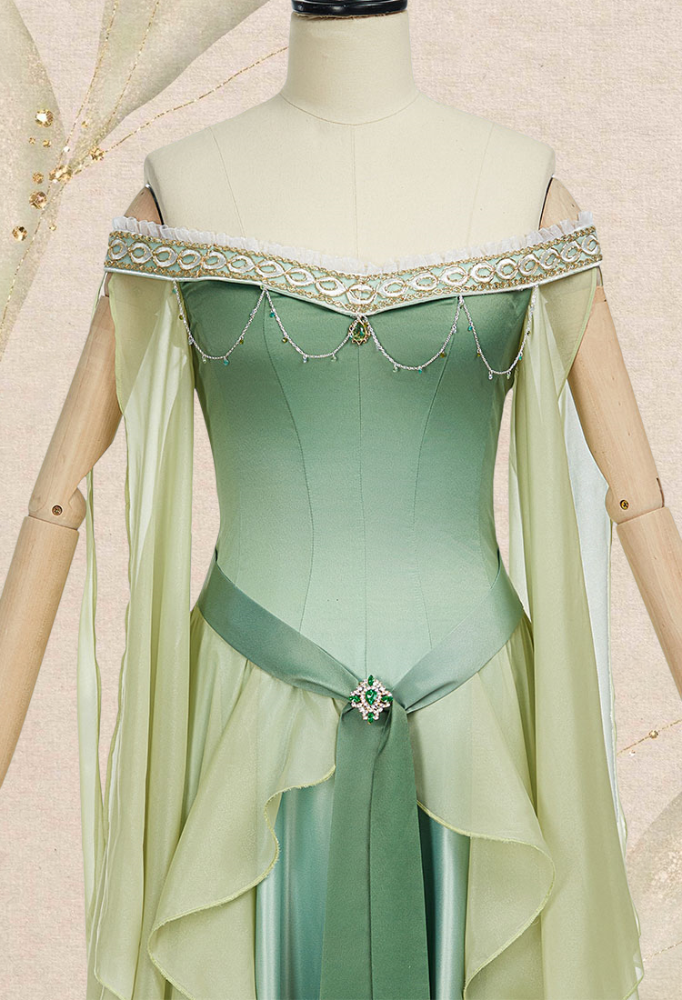Medieval Dreamy Yellow Green Gradient Elf Dress Elegant Strapless Dress with Belt