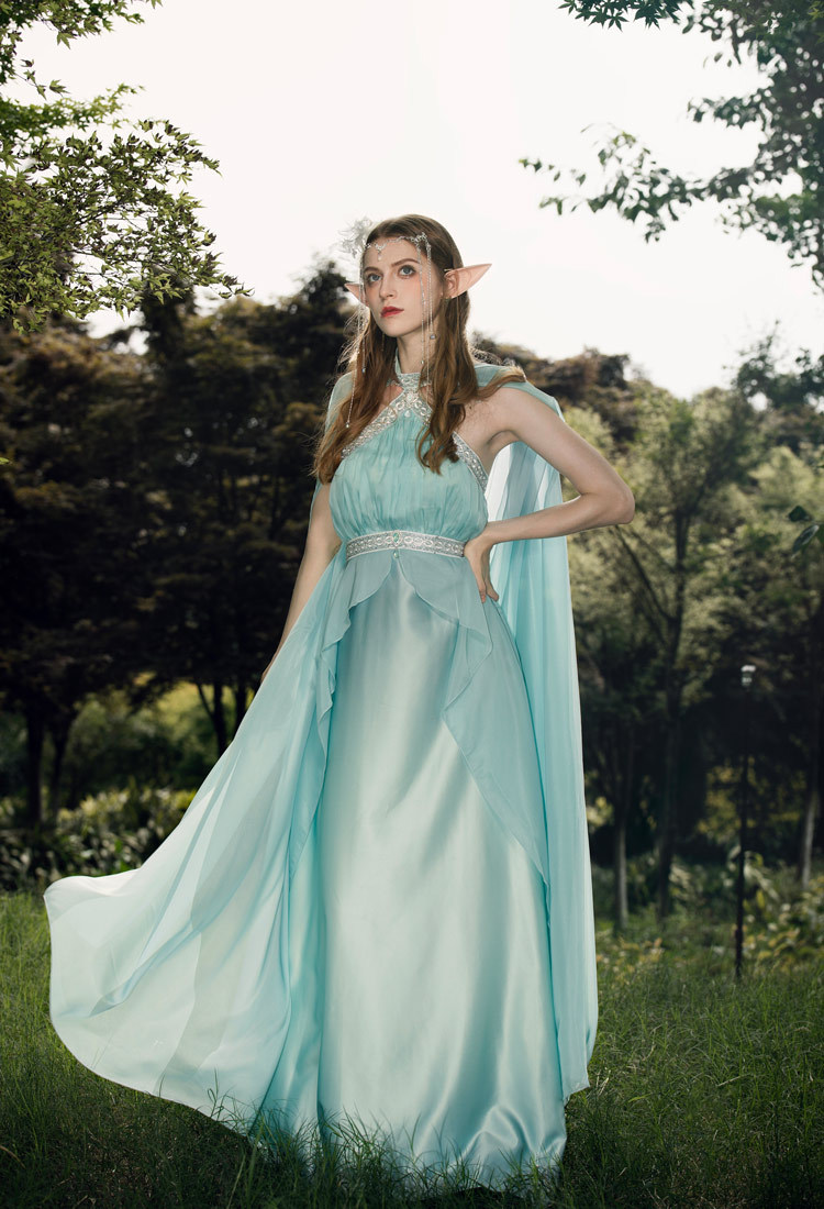 Medieval Renaissance Fairy Dress Vintage Elf Halter Neck Dress with Cape