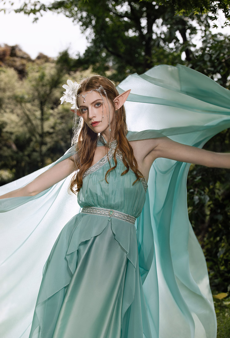 Medieval Renaissance Fairy Dress Vintage Elf Halter Neck Dress with Cape