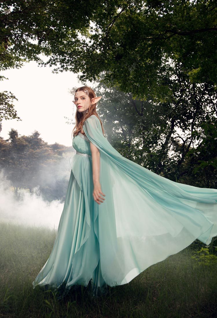 Medieval Renaissance Fairy Dress Vintage Elf Halter Neck Dress with Cape