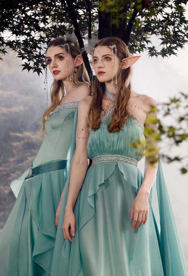 Medieval Renaissance Fairy Dress Vintage Elf Halter Neck Dress with Cape