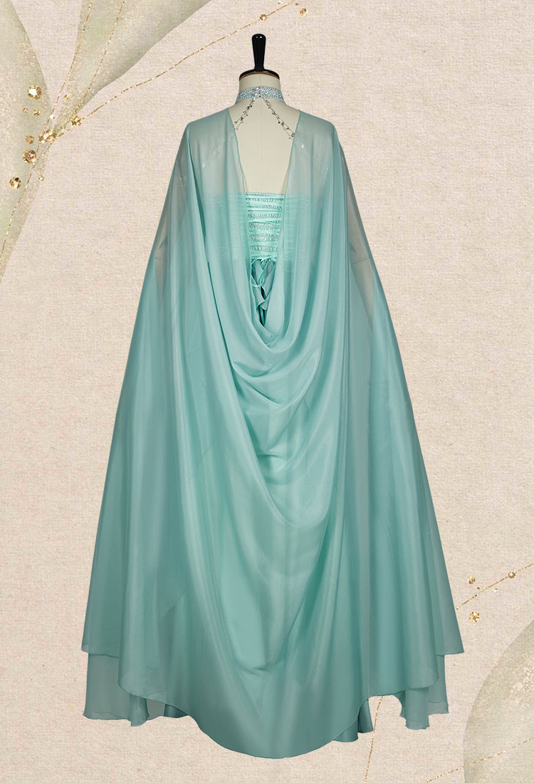 Medieval Renaissance Fairy Dress Vintage Elf Halter Neck Dress with Cape