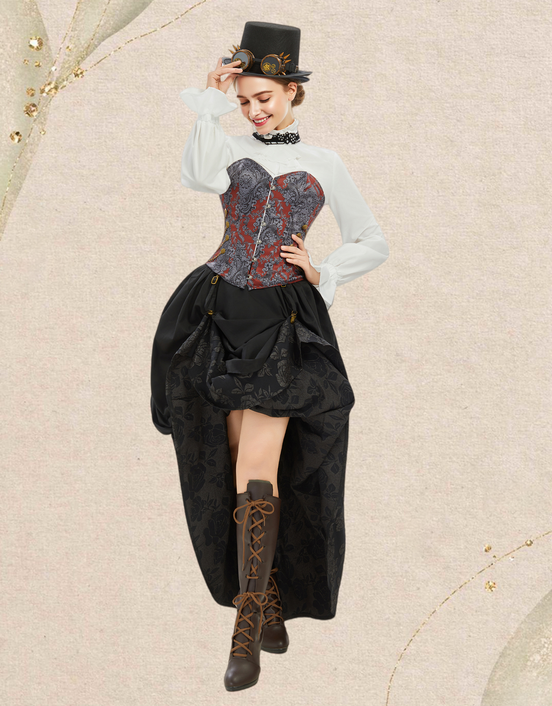Medieval Steampunk Outfit Vintage Victorian Blouse Skirt with Corset and Tie