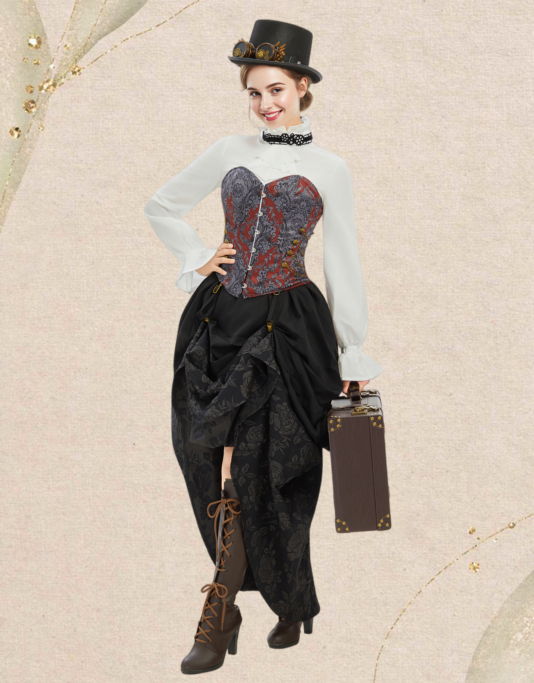Medieval Steampunk Outfit Vintage Victorian Blouse Skirt with Corset and Tie