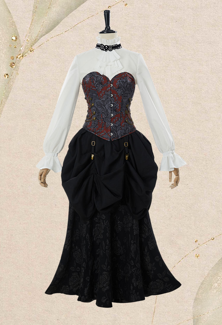 Medieval Steampunk Outfit Vintage Victorian Blouse Skirt with Corset and Tie