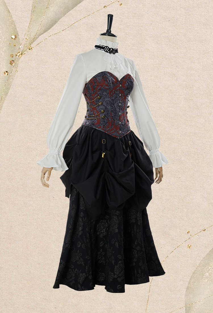 Medieval Steampunk Outfit Vintage Victorian Blouse Skirt with Corset and Tie
