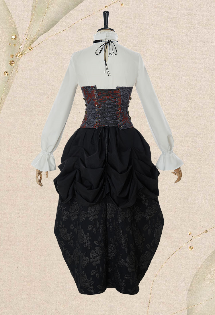 Medieval Steampunk Outfit Vintage Victorian Blouse Skirt with Corset and Tie