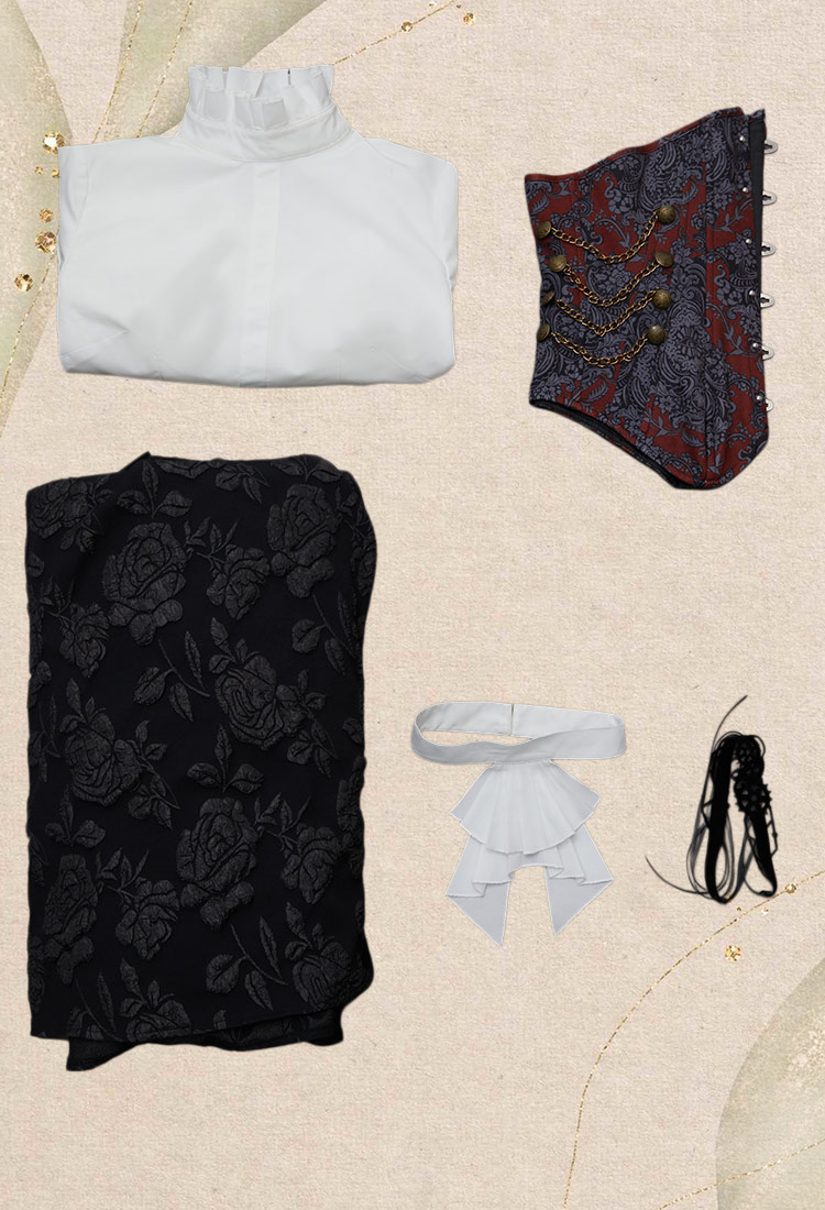 Medieval Steampunk Outfit Vintage Victorian Blouse Skirt with Corset and Tie