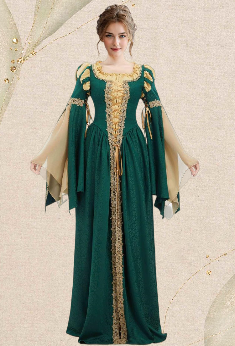 Medieval Renaissance Outfit Green and Yellow Vintage Wide Sleeve Dress