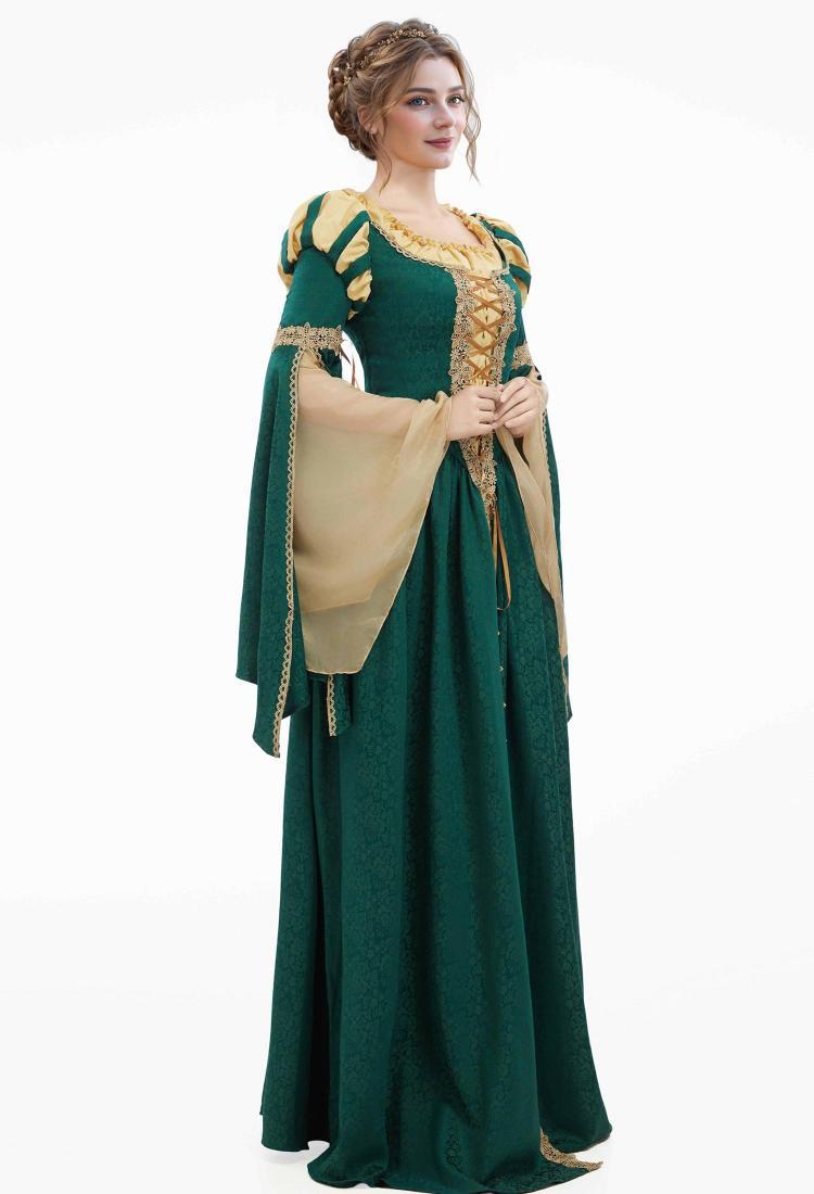 Medieval Renaissance Outfit Green and Yellow Vintage Wide Sleeve Dress