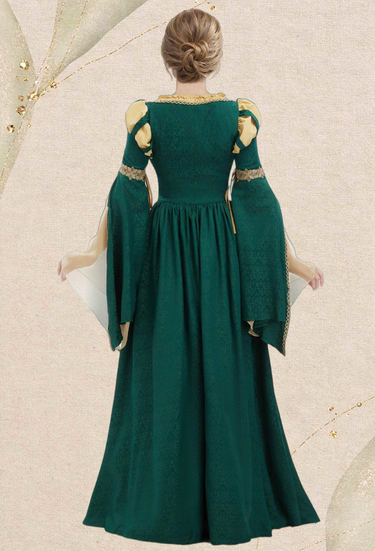 Medieval Renaissance Outfit Green and Yellow Vintage Wide Sleeve Dress