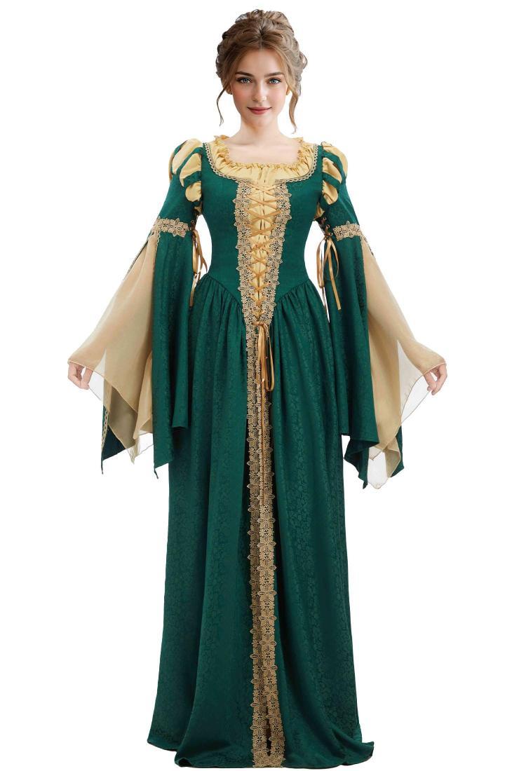 Medieval Renaissance Outfit Green and Yellow Vintage Wide Sleeve Dress
