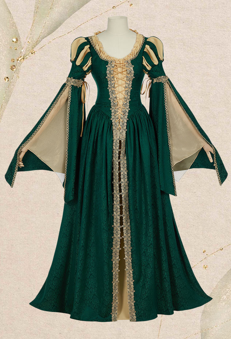 Medieval Renaissance Outfit Green and Yellow Vintage Wide Sleeve Dress