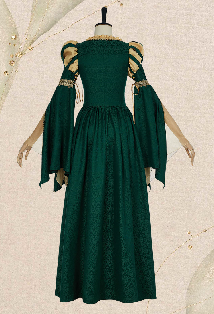 Medieval Renaissance Outfit Green and Yellow Vintage Wide Sleeve Dress