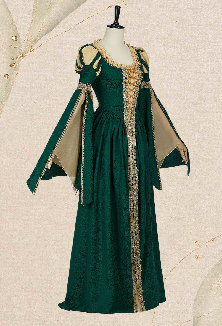 Medieval Renaissance Outfit Green and Yellow Vintage Wide Sleeve Dress