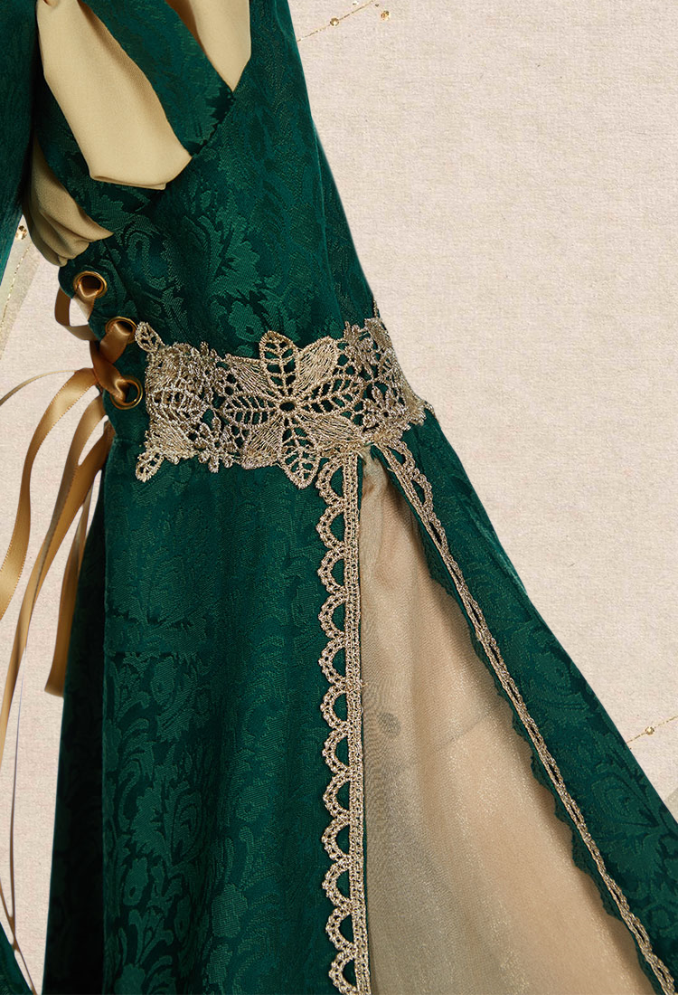 Medieval Renaissance Outfit Green and Yellow Vintage Wide Sleeve Dress